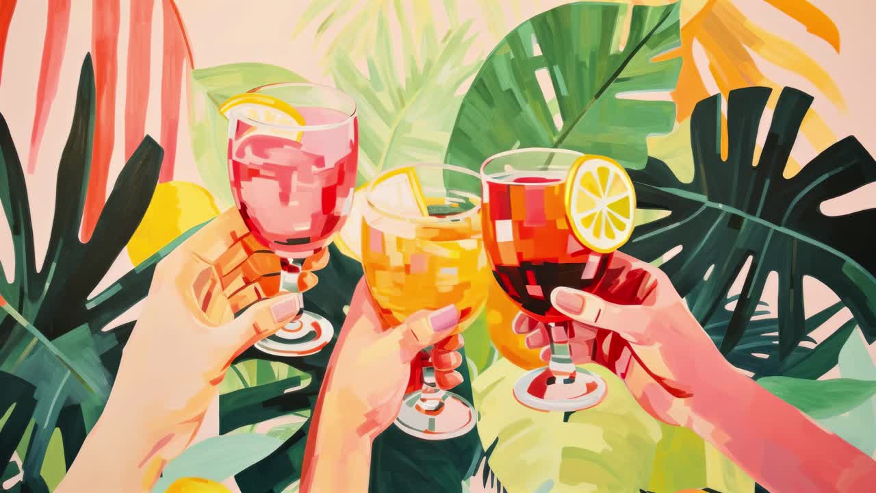 Vibrant, stylized illustration of hands toasting with cocktails against tropical leaves