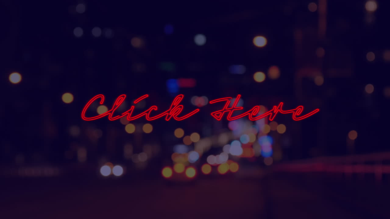 Animation of click here text over cityscape