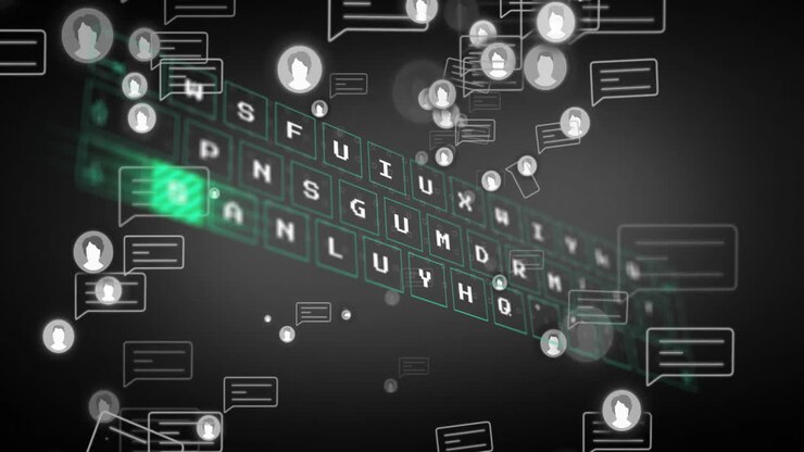 Tilted 3D keyboard grid highlighting green key while virtual chat bubbles and avatar icons floating