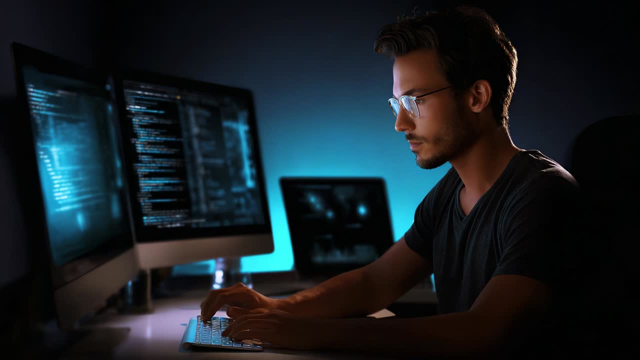 Focused Individual Engaged in Programming and Coding at Multiple Computer Monitors, Surrounded by Complex Code, Illuminated by Soft Blue Light in a Dark Environment, Capturing the Essence of Modern Technology Use