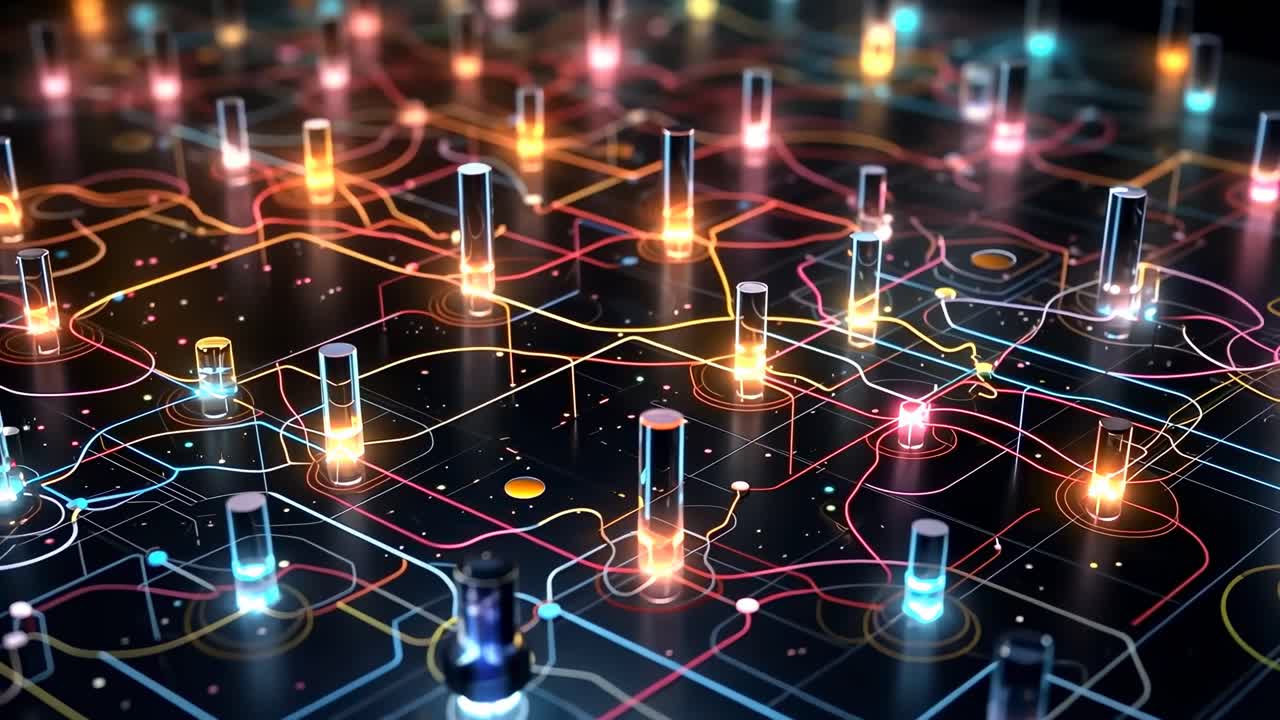 Futuristic digital network with glowing nodes and lines, viewed from a high-angle perspective