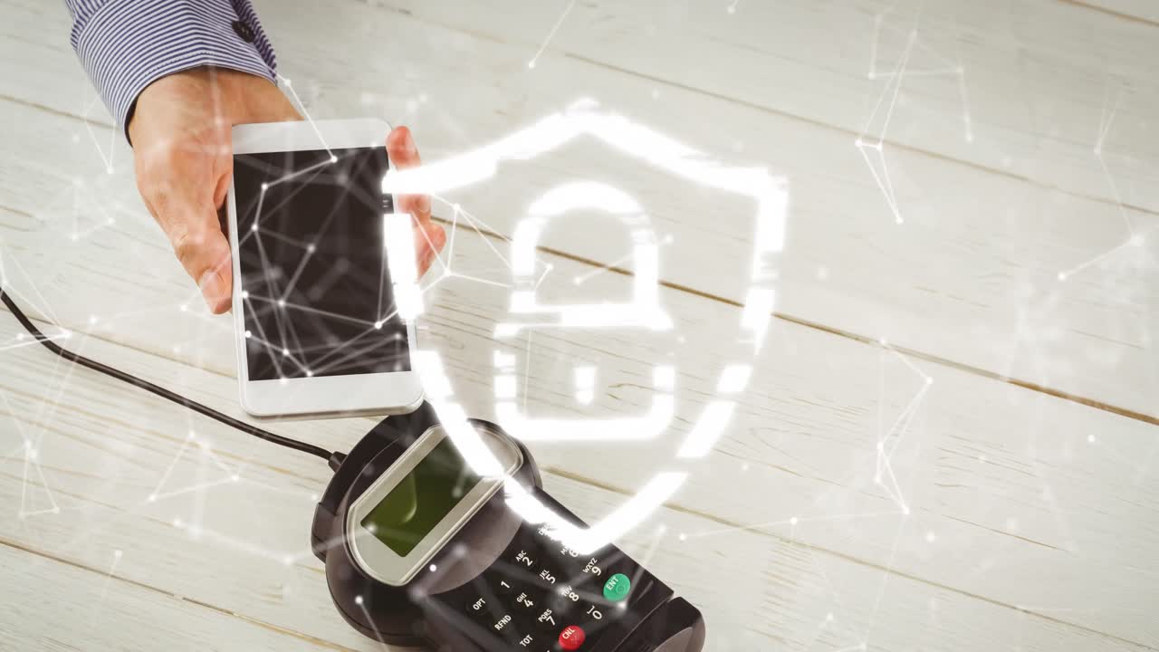 animación de la red de conexiones y el candado de seguridad a través de teléfonos inteligentes y terminales de pago