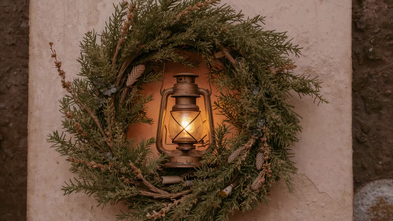 Breeze nudging evergreen wreath, flickering antique lantern on pale wall panel, providing warm glow