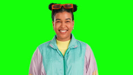 face, green screen and woman with a smile
