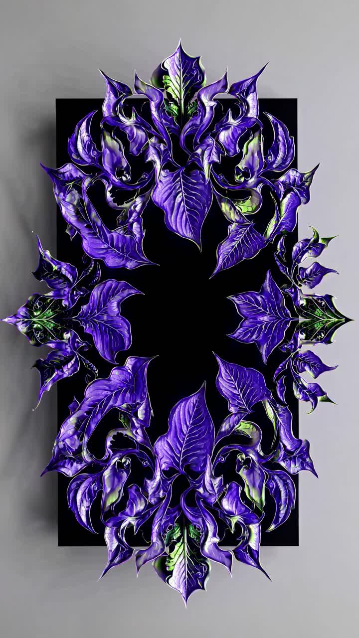 Top-down view of vibrant purple and green leaves forming a symmetrical pattern on a black