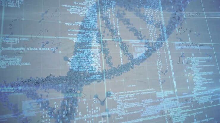 Animation of dna rotating over data processing on blue background