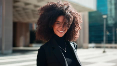 face, city and woman with a smile