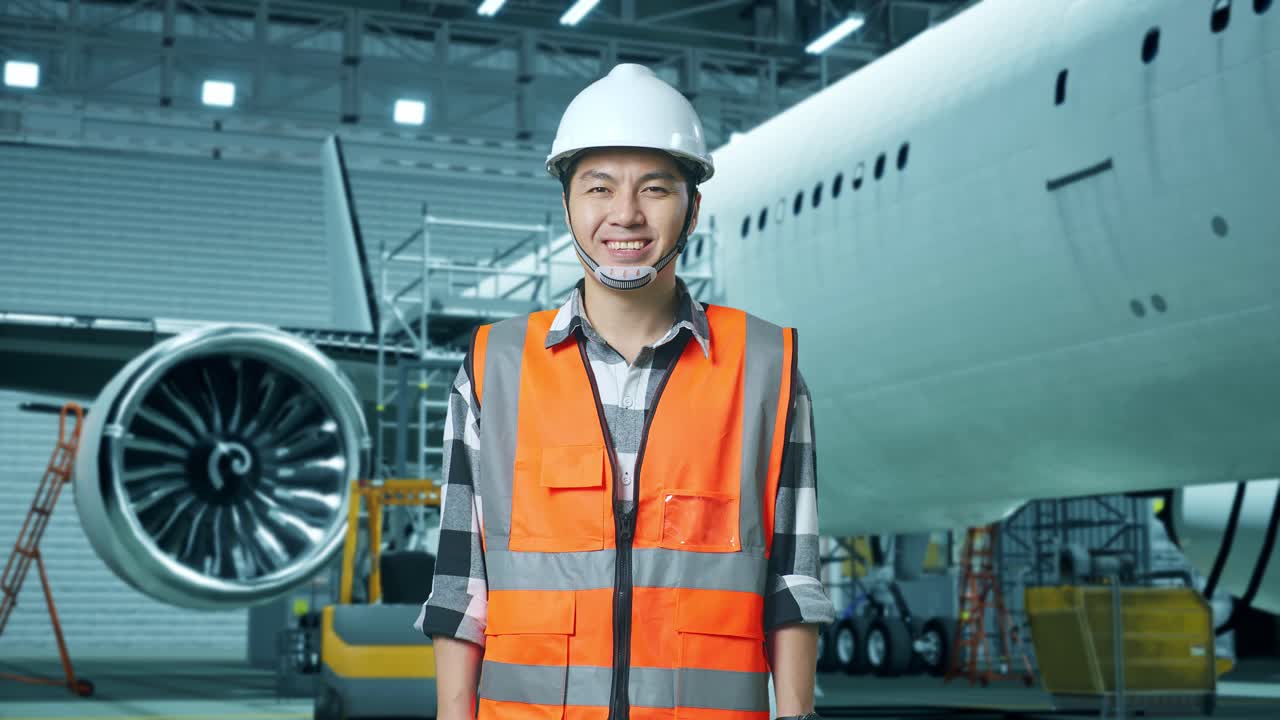 ingegnere maschio asiatico con casco di sicurezza in piedi con l'aereo nell'hangar, sorridendo alla telecamera durante la manutenzione dell'aere o
