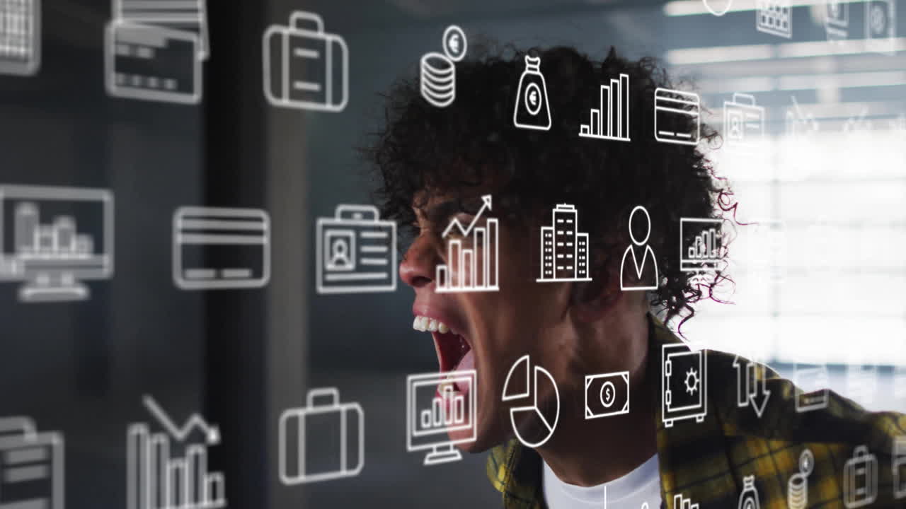 Animation of business icons over biracial man screaming
