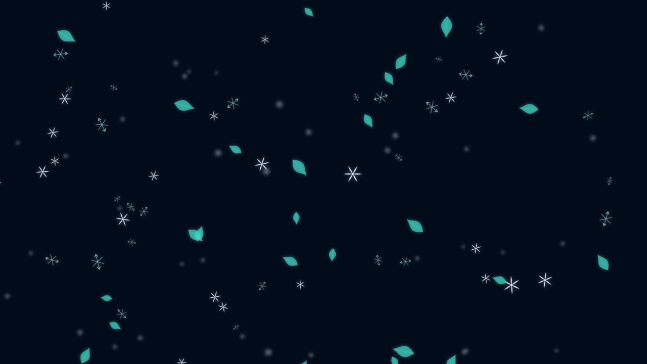 Abstract Motion Background with Falling Snowflakes and Teal Leaves