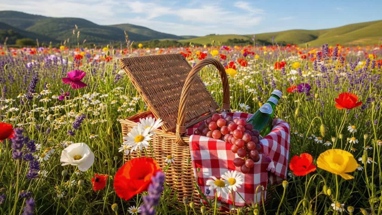 A Beautiful Spring Picnic Setup: A Wicker Basket Filled with Grapes and Sparkling Water Surrounded by Colorful Wildflowers Under a Bright Blue Sky