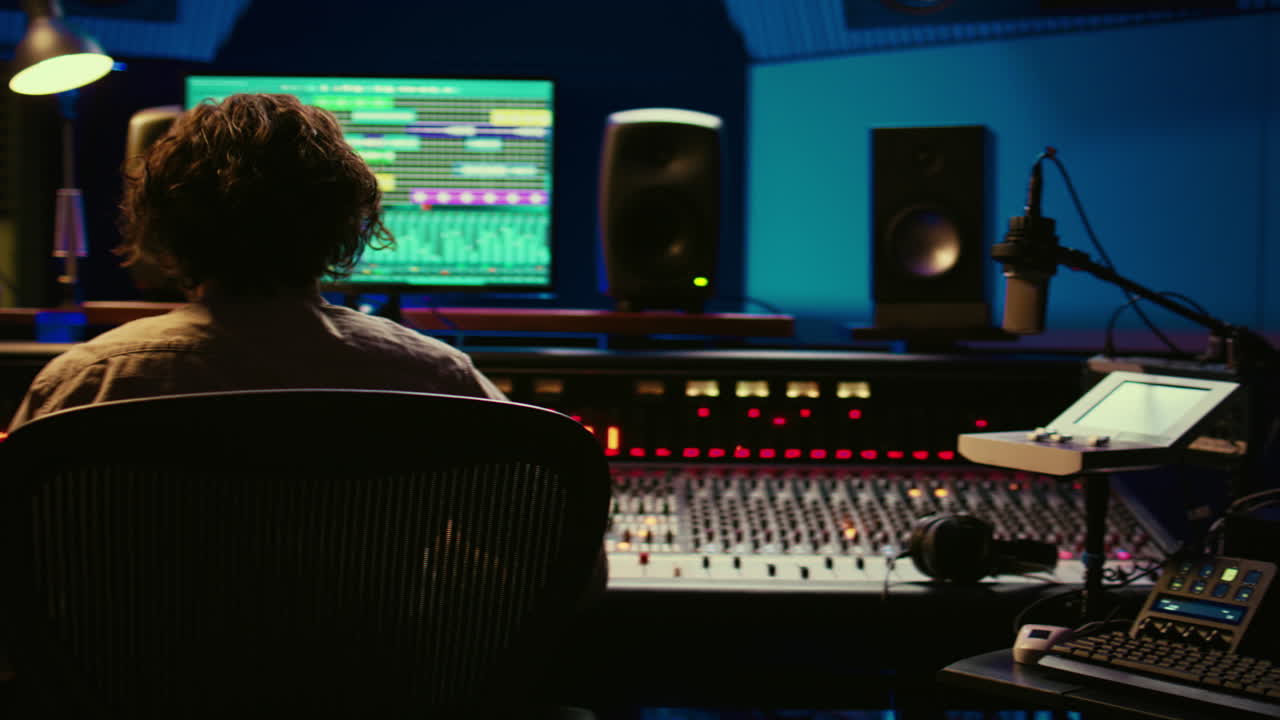 Music producer editing tracks with mixing console and audio software in studio