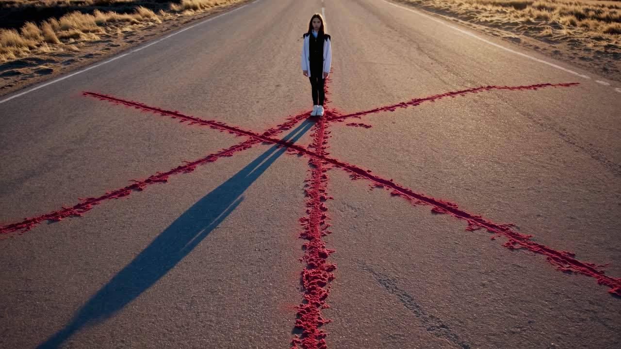 Individual stands confidently on a road marked with red lines, casting long shadows, showcasing a moment of contemplation and decision-making in a striking visual scene