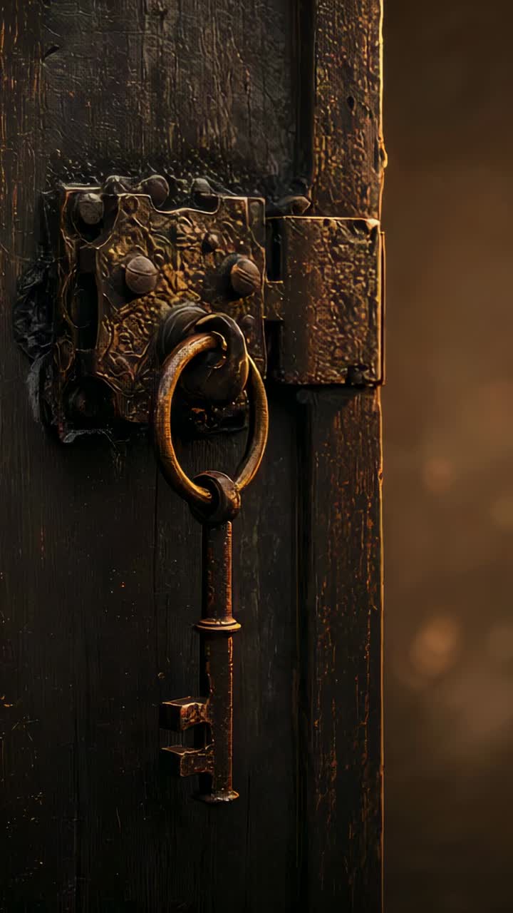 Vertical video: Pulling camera showing antique key swinging on lock plate in dim hall, copy space