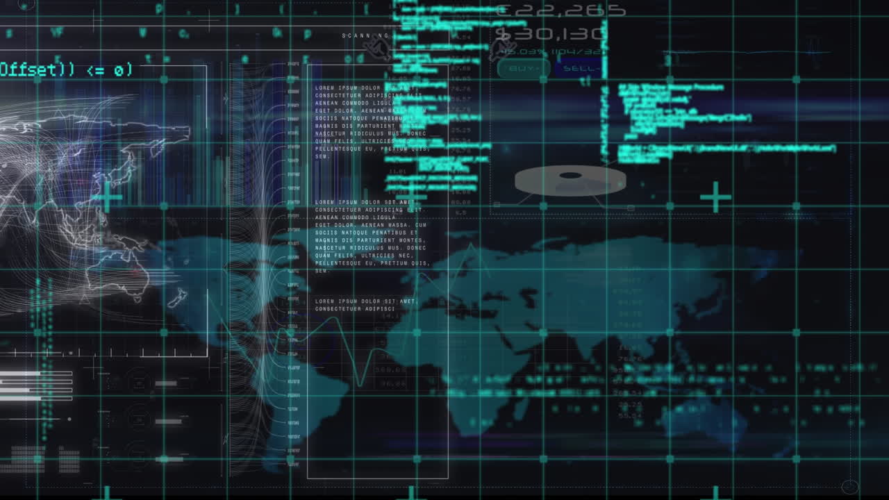 Animation of interface with scanner, world map and blue processing data