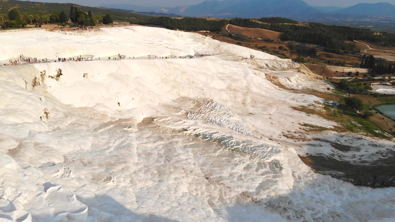 Aerial View of Tourists Walking on White Travertine Terraces in Pamukkale