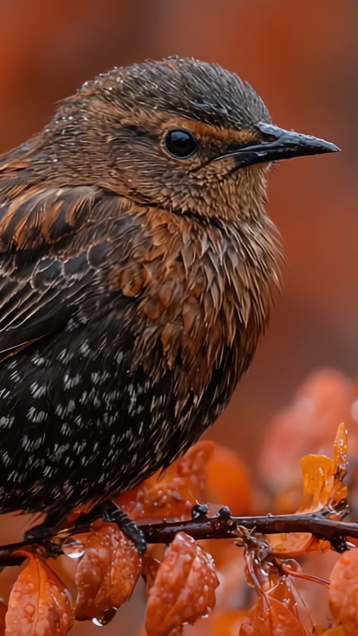 Una vista ravvicinata di un bellissimo uccello appollaiato su foglie autunnali, che cattura i dettagli intricati delle sue piume e i vivaci colori circostanti.