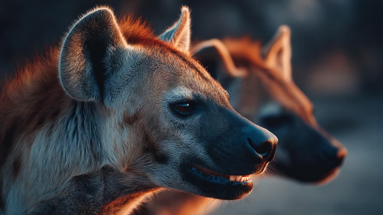Two Hyenas in Profile: A Close-Up Glimpse into the Intense Features and Expressions of These Unique Carnivorous Mammals in Their Natural Habitat