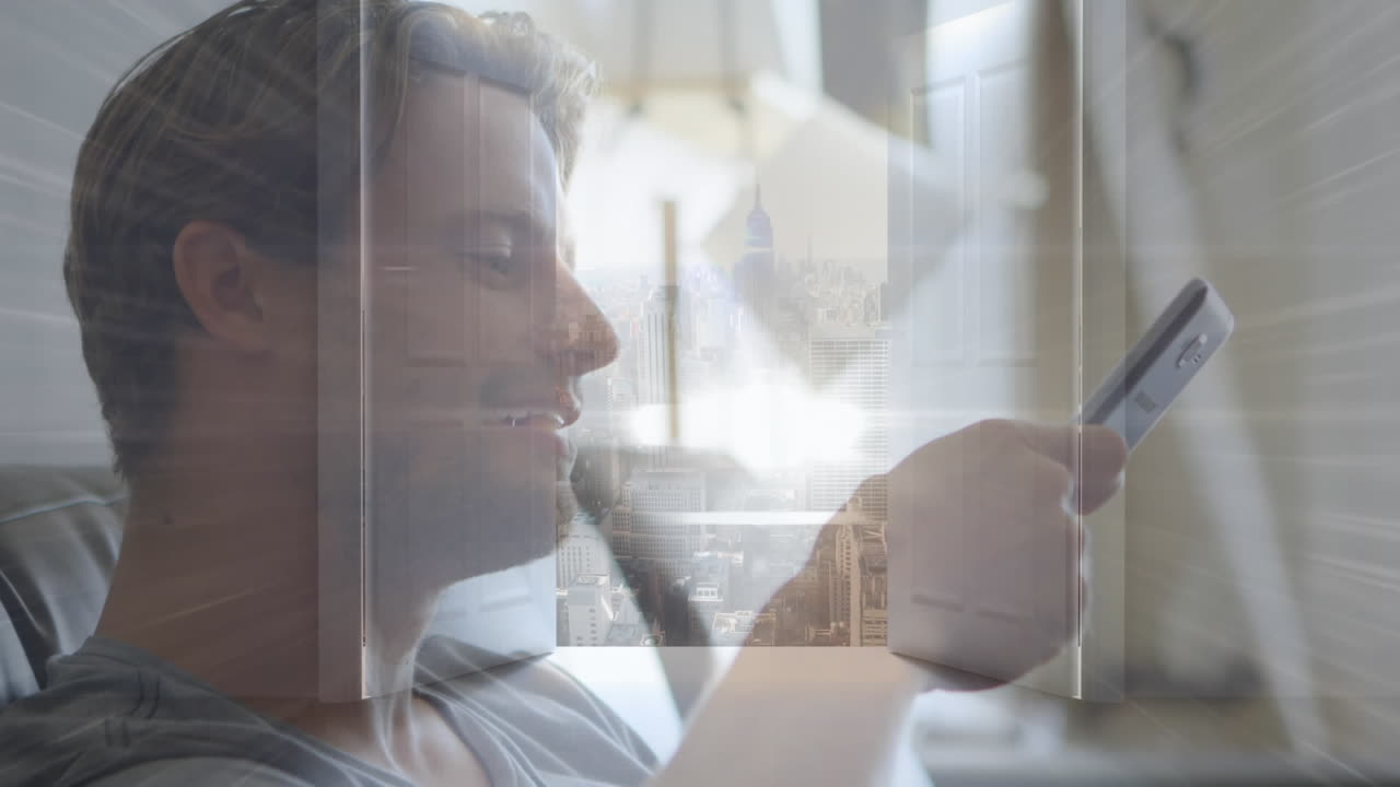 animación del paisaje urbano sobre un empresario caucásico que usa un teléfono inteligente