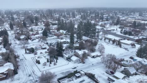 high up aerial view of snow covering the land with houses ready for winter