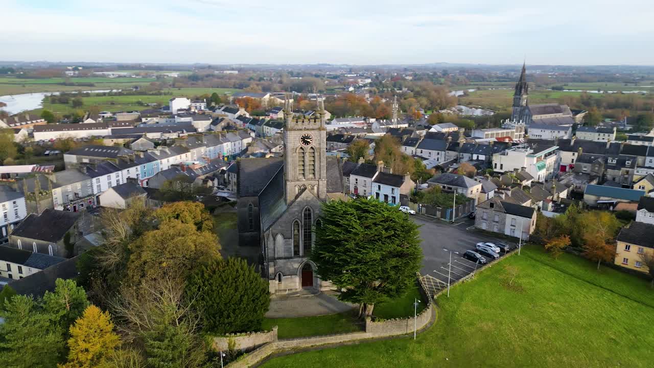 Aerial Elegance: Drone Video of St John's Church of Ireland in Ballinasloe, County Galway, with a Breathtaking Townscape During a Tranquil Autumn Evening