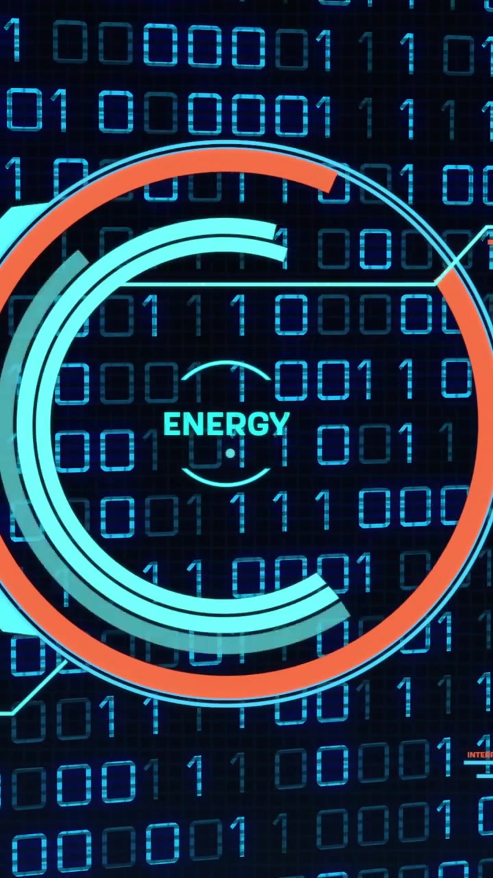 Sfondo con codice binario, animazione di elaborazione dati energetici e indicatori di progresso.