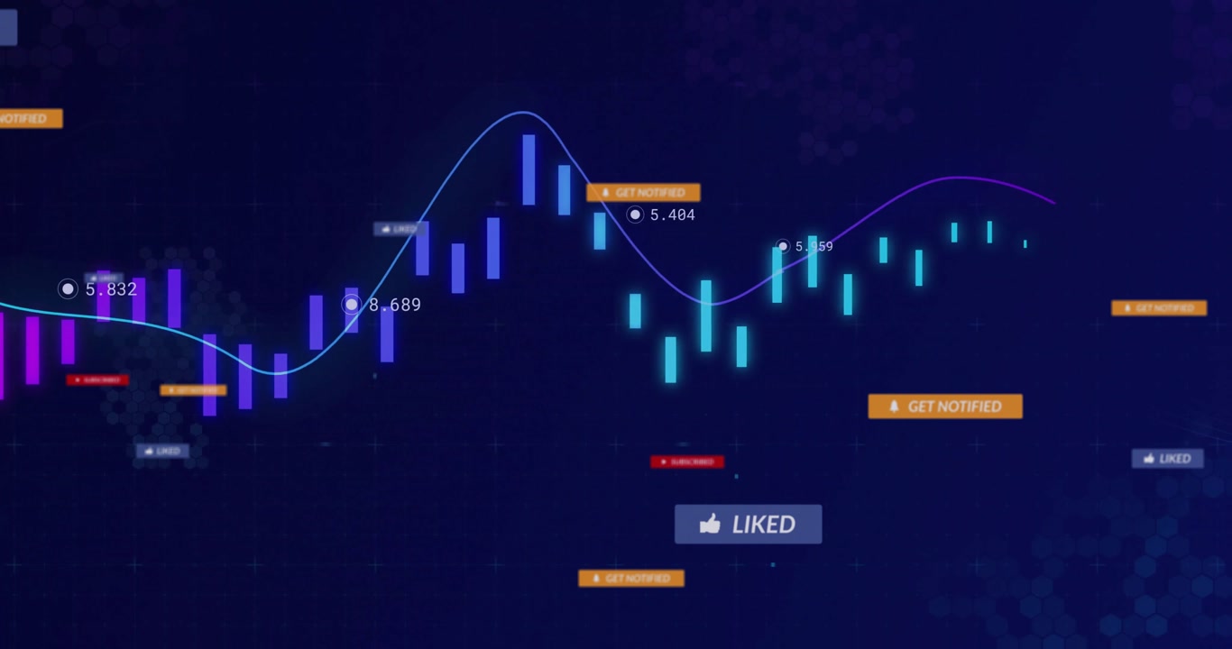 Flat design dashboard displaying purple candlesticks, flowing cyan lines, floating action buttons