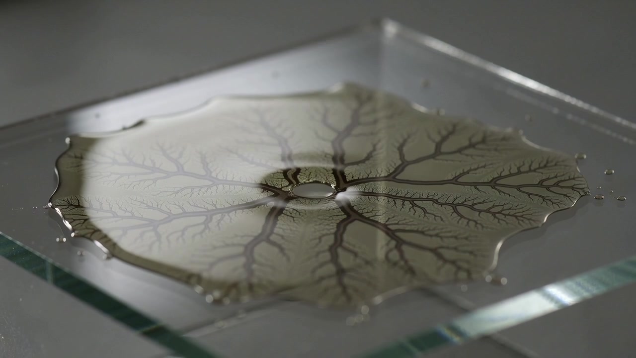 Releasing nozzle stream, golden syrup hitting square glass plate, erupting crown, spreading