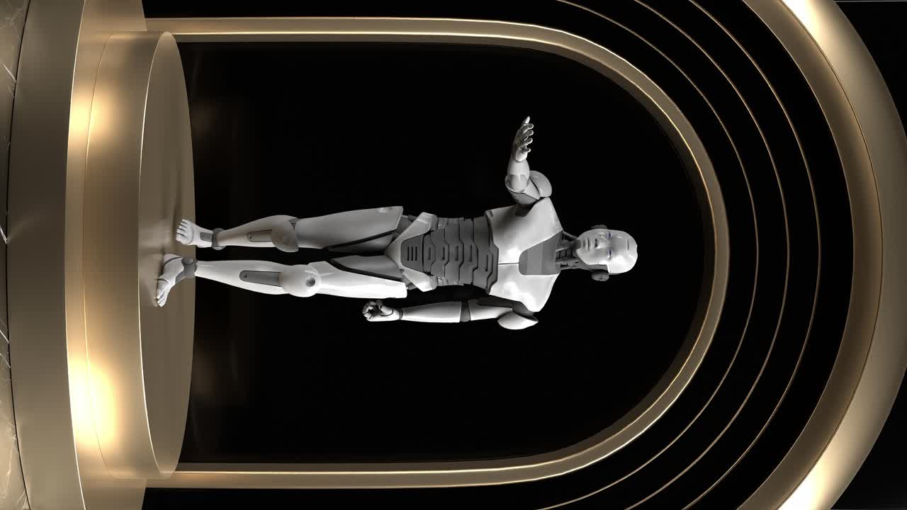 прототип робота в витрине для будущих технологий, вертикальный 3d-рендер с черным фоном