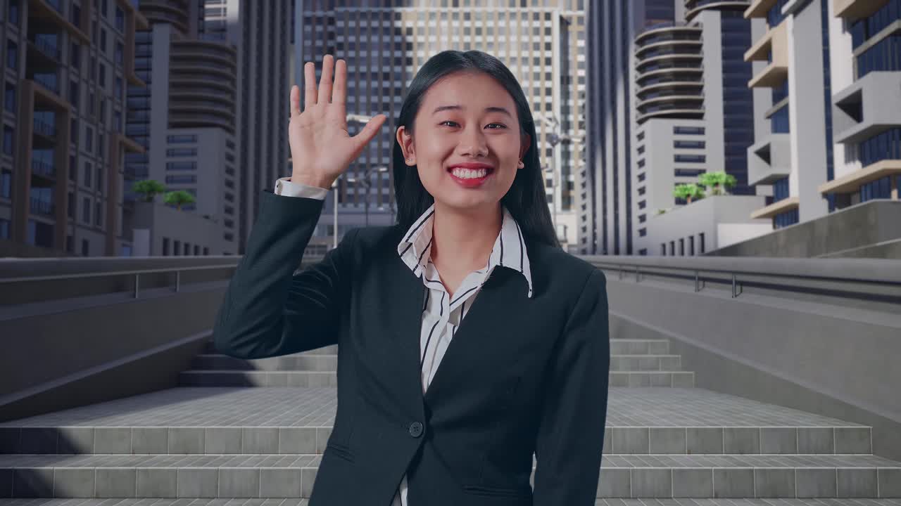 una mujer de negocios asiática sonriente agitando la mano y diciendo hola mientras está de pie en la ciudad urbana