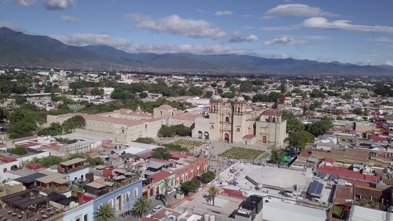 Church of Santo Domingo de Guzmán in Oaxaca Mexico Drone Aerial Flying Forward