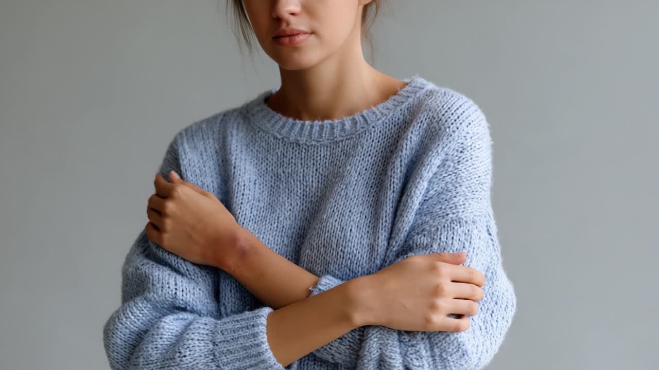 A contemplative young woman dressed in a cozy blue sweater, exudes emotional depth and introspection against a neutral backdrop, captured in two contrasting moments