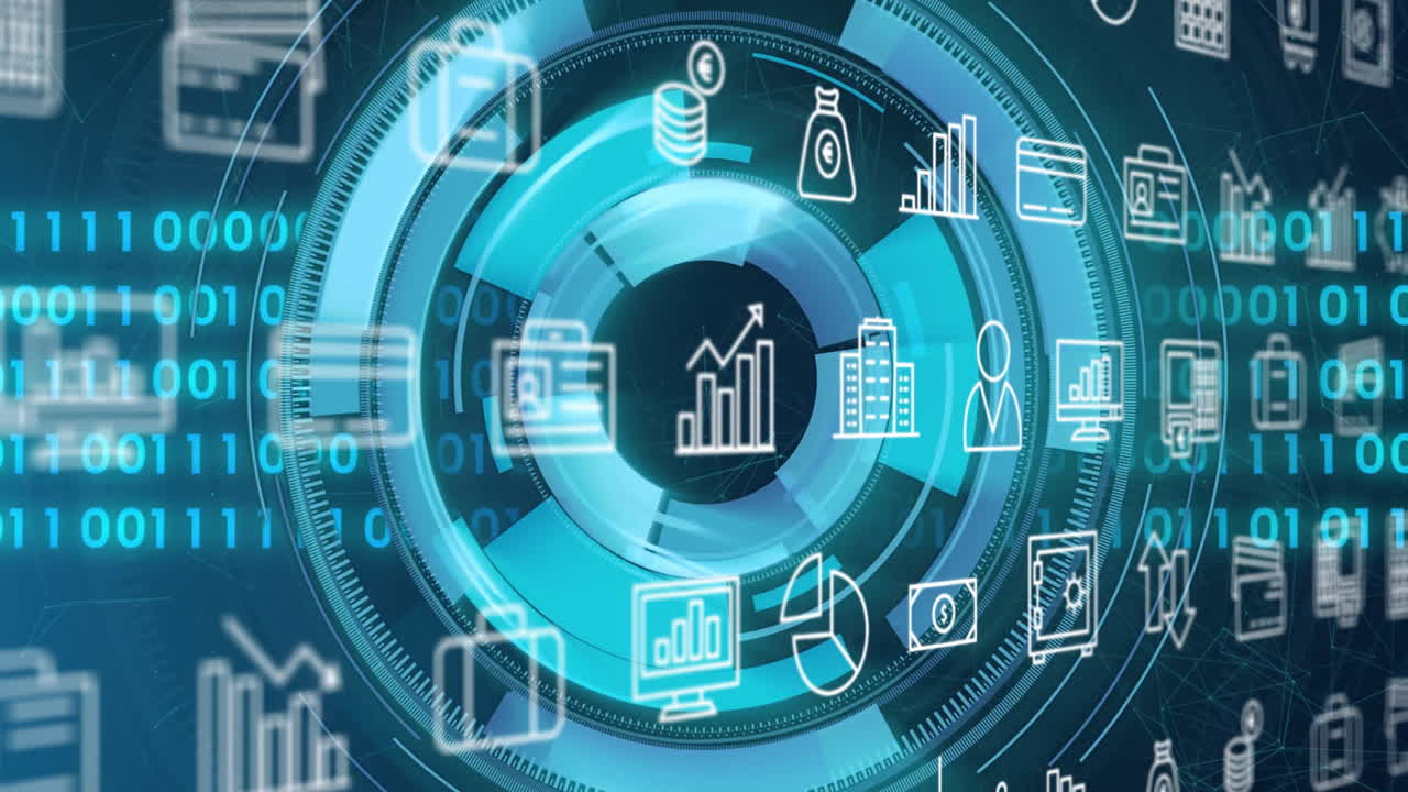 Mostrando animación de iconos de negocios y análisis de datos en una interfaz futurista.