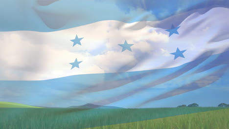 digital composition of waving honduras flag against view of farm field landscape