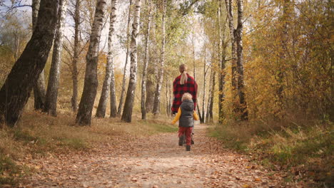 mujer feliz y niño pequeño están descansando en el bosque en otoño el hijo está corriendo a la madre y ella lo está levantando en las manos y girando alegre familia se está divirtiendo el fin de semana en la naturaleza