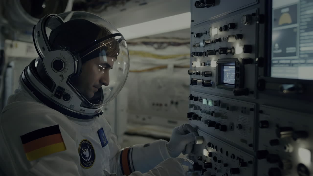 Astronauta che aziona un pannello di controllo in un'astronave