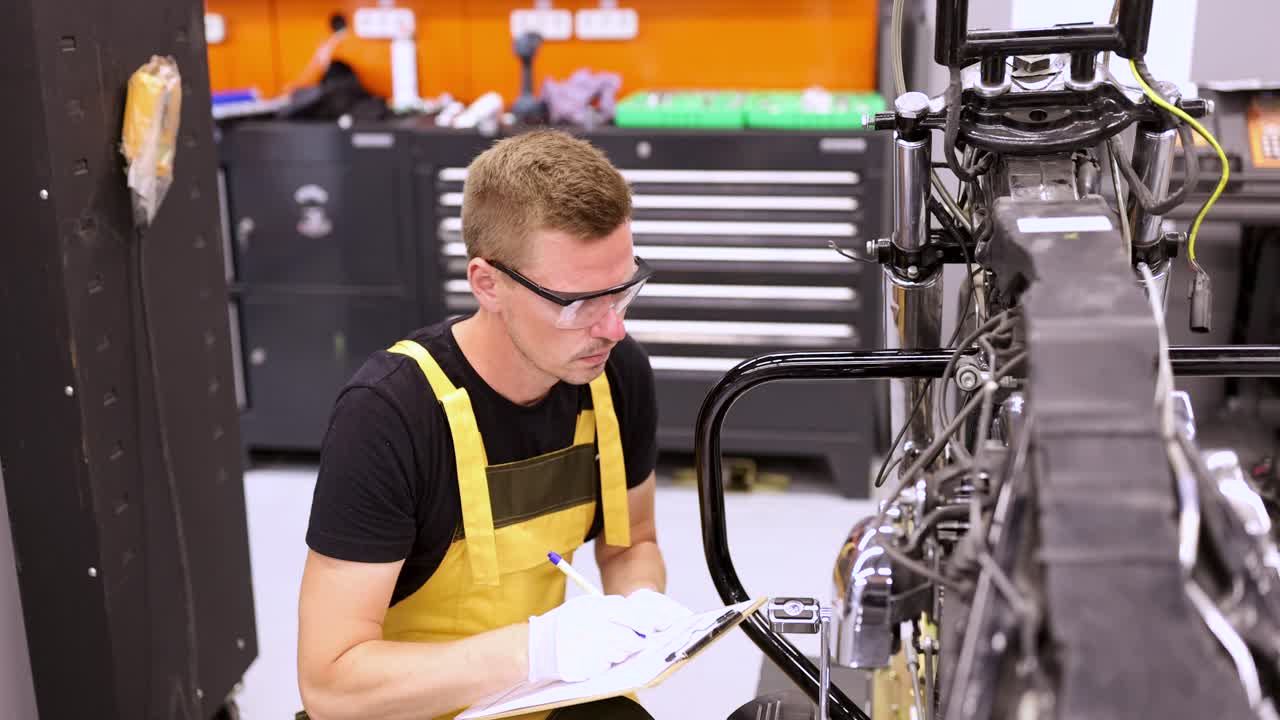 Mechanic Inspecting a Motorcycle in a Workshop