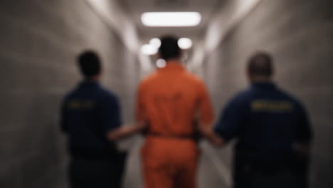 Prison-guards-lead-convicted-man-in-prison,-prisoner-wearing-orange-jumpsuit-in-handcuffs,-shackles-walking-to-prison-cell