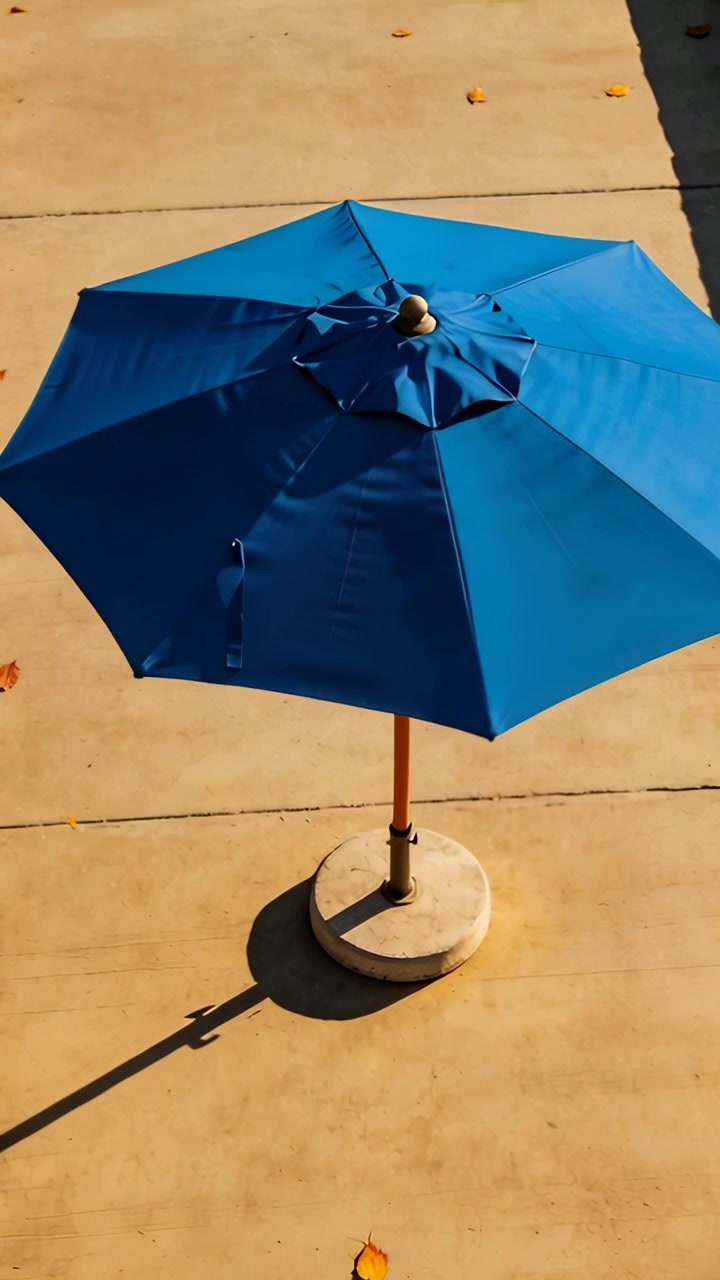 Video verticale: Telecamera in movimento che si abbassa verso un patio illuminato dal sole, inquadrando un ombrellone blu, il palo e la base.