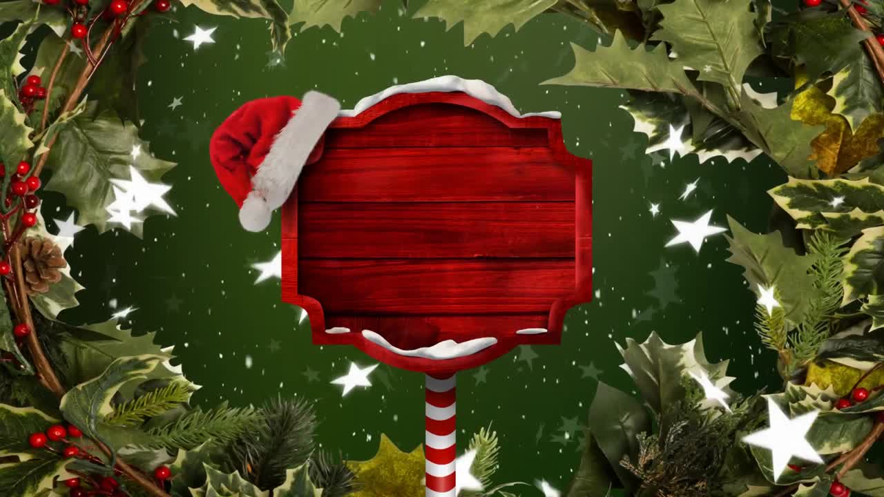 nieve cayendo y cartel de madera