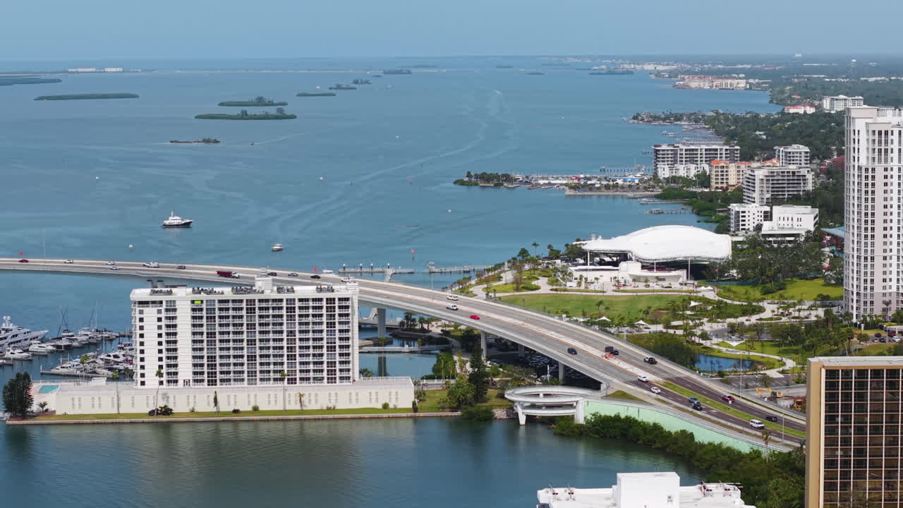 Aerial view of traffic on the Causeway Byway bridge, sunny day in Clearwater, USA