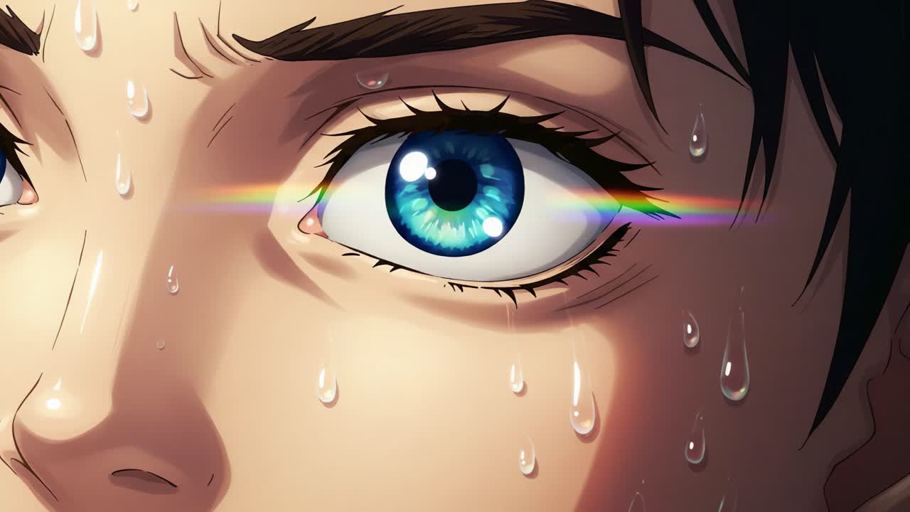 Emotionally Charged Close-Up of a Young Person's Eye, Capturing Raw Feelings Enhanced by Rain and Light Reflections in an Artistic, Thought-Provoking Style