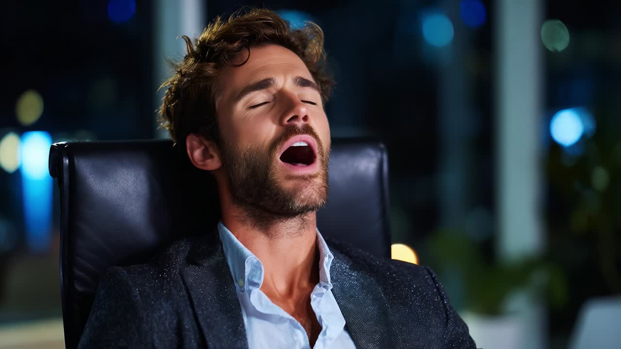 Un uomo che mostra una serie di espressioni emotive, passando da un momento di relax e sospiro a uno di gioia e risate, immortalato in un elegante ufficio di notte