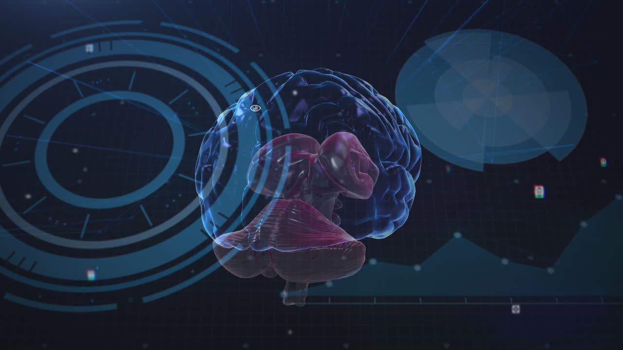 Animation of scopes scanning and human brain spinning with flickering spots