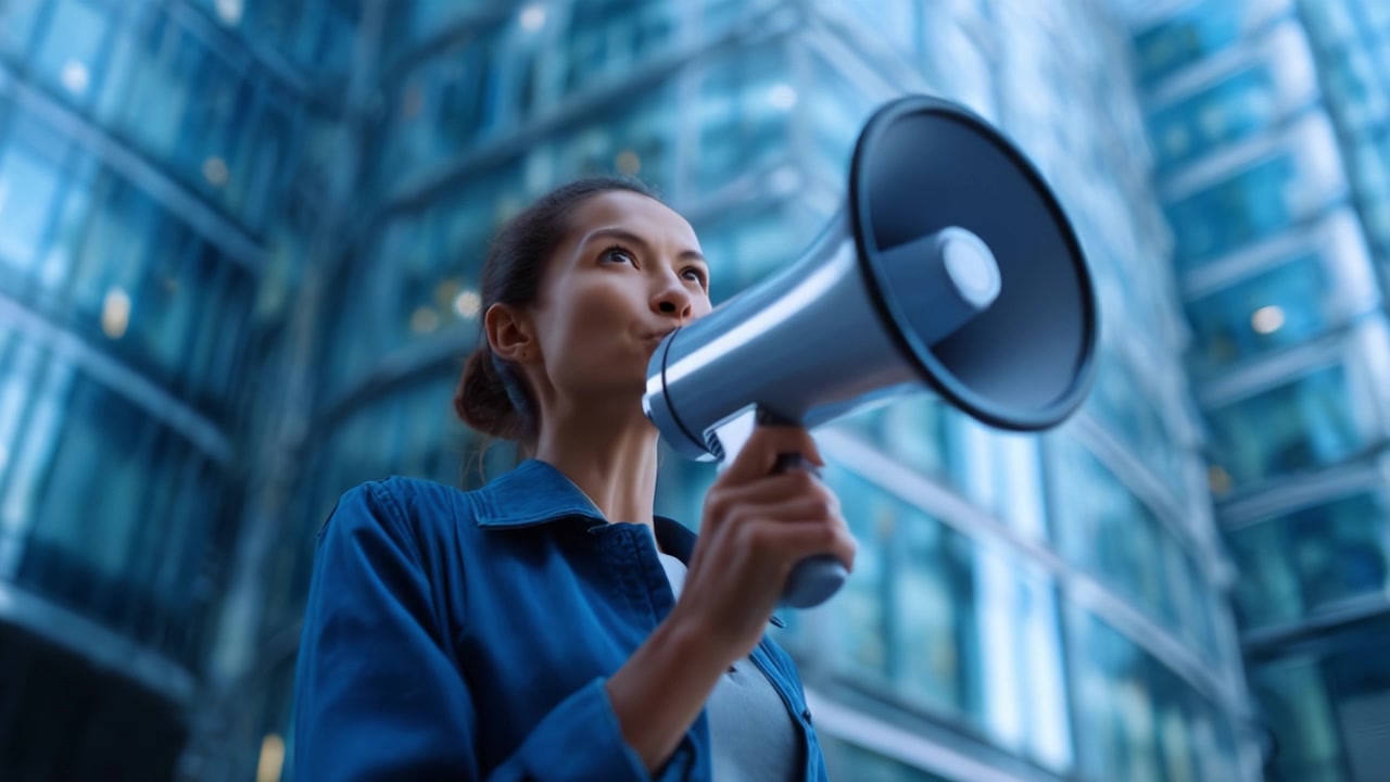 A determined young woman passionately addresses her audience using a megaphone, standing confidently in front of modern glass architecture, engaging in meaningful dialogue.