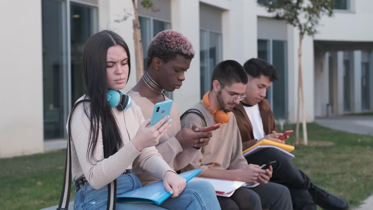 Multiracial group of friends using the mobile sitting in a park
