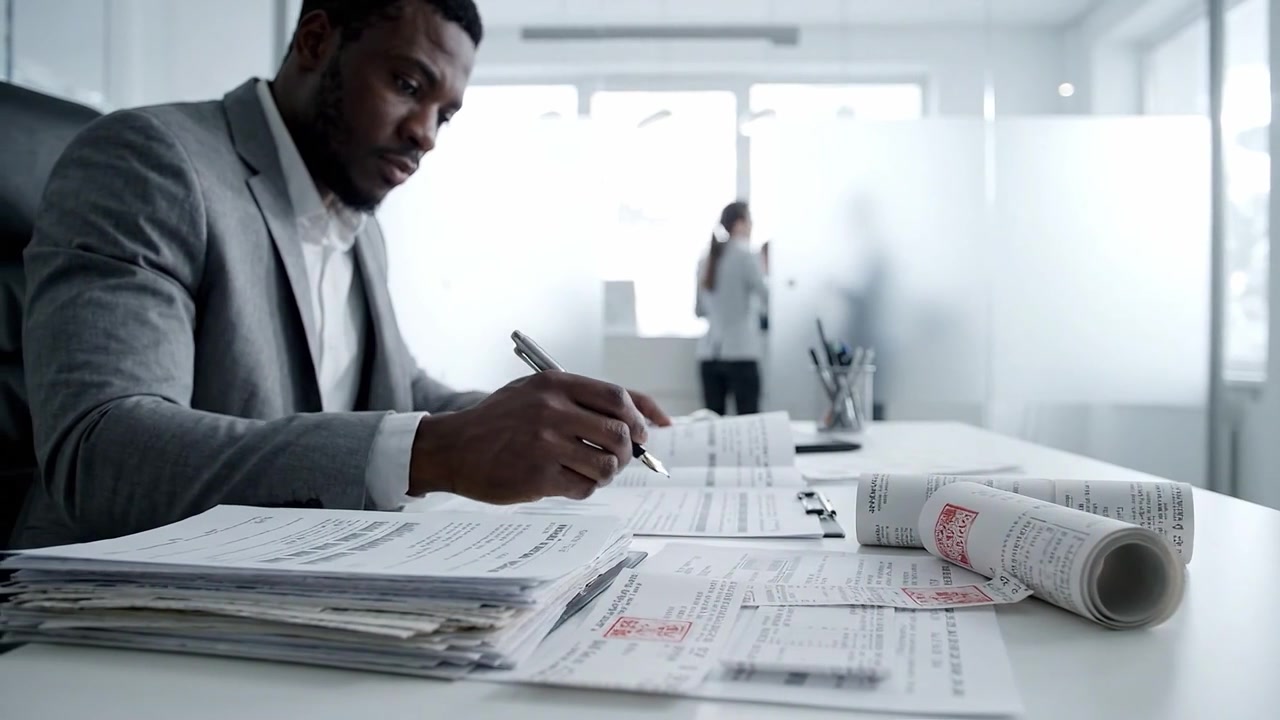 Focused professional working diligently in an office setting, completing important paperwork and documents while collaborating with a team member in the background.