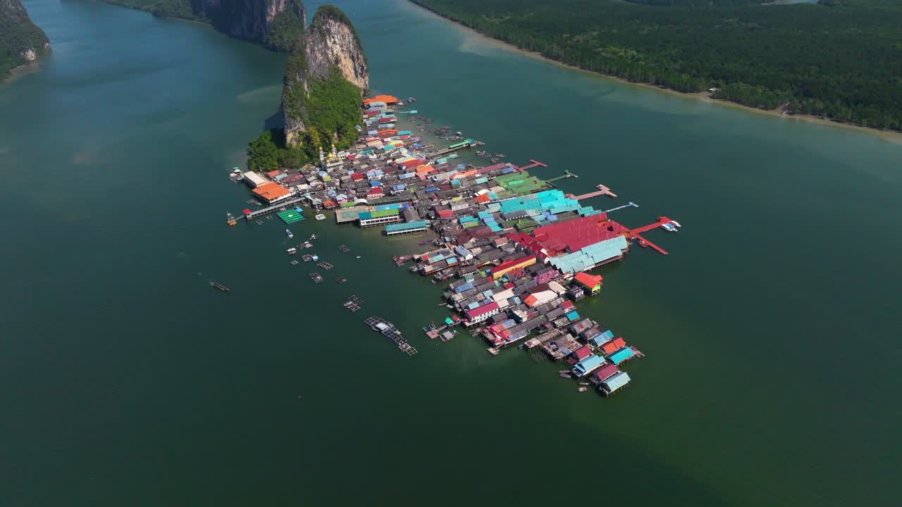 Aerial Shot Of Koh Panyee Floating Village In Phang Nga Bay, Thailand