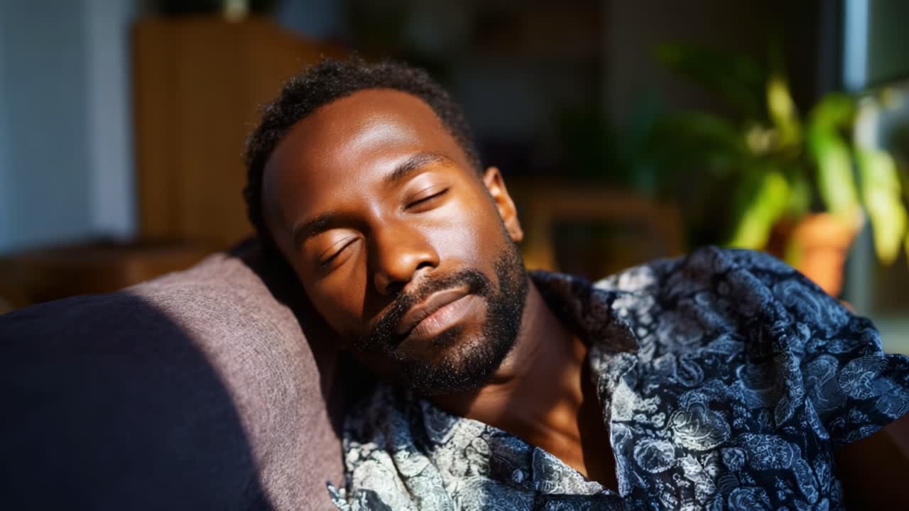 Relax in un ambiente luminoso naturale: un momento di pace immortalato mentre un uomo si gode un sereno pomeriggio sul divano con la luce del sole che filtra dalla finestra