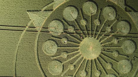 Intricate-crop-circle-design-in-farm-land-in-Owslebury,-top-down-aerial-trucking